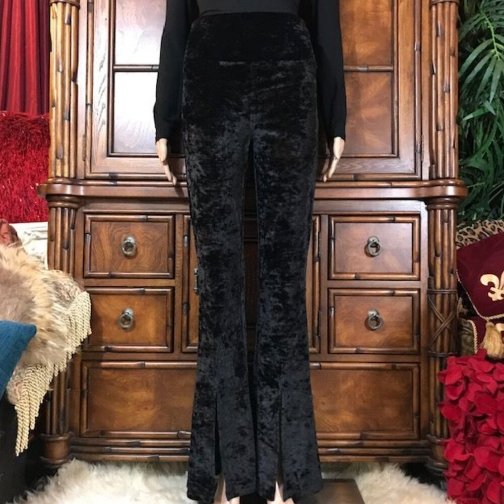 Wavvy Black Crushed Velvet Front Slit High Waist Stretch Flare Leg Pant